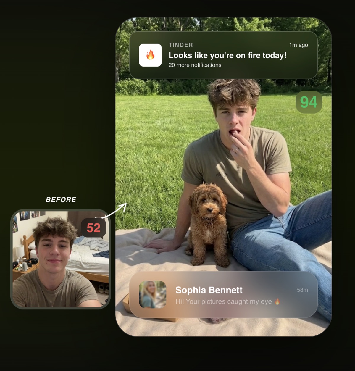 Fotto AI example outputs — a before and after dating profile photo comparison: a dim indoor bedroom selfie scoring 52 transformed into a bright outdoor park photo of the same man sitting on a blanket with his dog, scoring 94, shown alongside Tinder match notifications and a new message from a match.